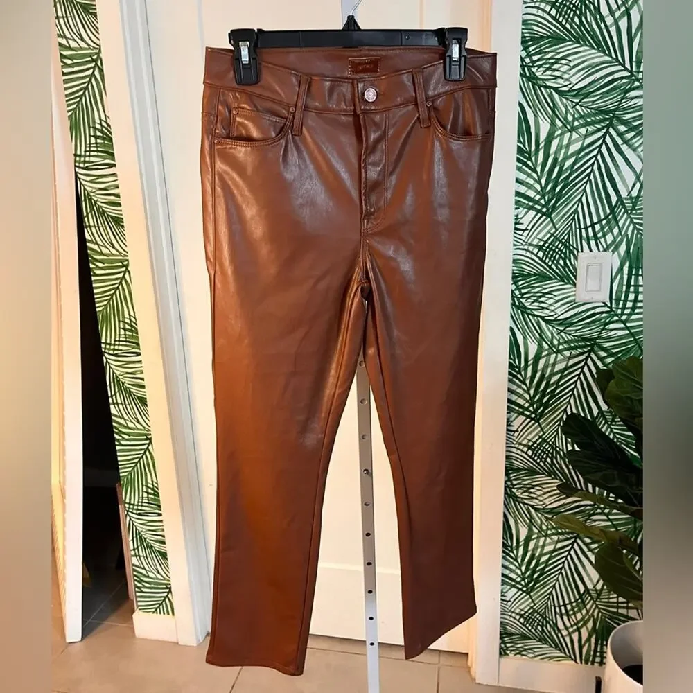 Mother Mid Rise Dazzler Jeans Faux Leather in Friar Brown size 29